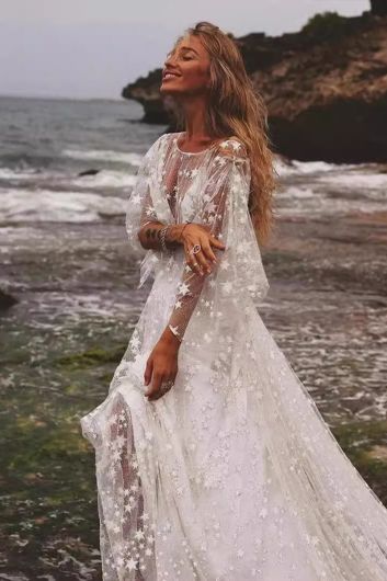 Long-Sleeve Starry Cape Gown with Long Train for Formal Events