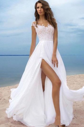 Lace Illusion Neckline High-Slit Gown with Long Train for Beach Weddings