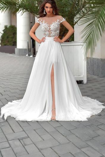 Lace Illusion Neckline Chiffon Ball Gown with High Slit and Long Train for Formal Events