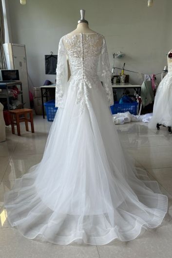 Lace Long-Sleeve Illusion Neckline Tulle Ball Gown with Long Train for Formal Events