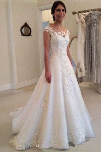 Lace  Neckline  Gown with Long Train Formal Events