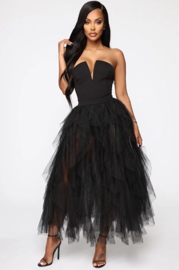 Black Strapless Tiered Tulle Skirt