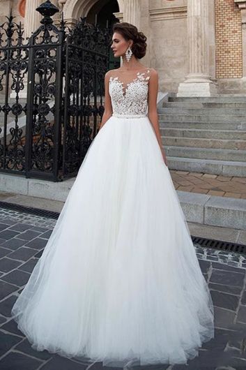 Lace Illusion Neckline Ball Gown with Tulle Skirt for Wedding