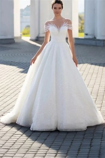 Illusion Neckline Lace Appliqué Ball Gown with Long Train for Formal Events