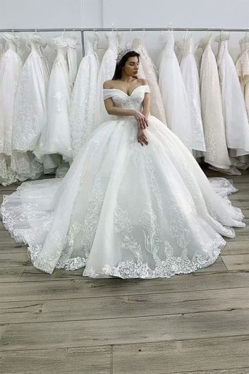 Off-the-Shoulder Lace Ball Gown with Long Train for  Events