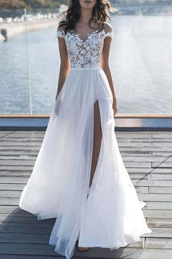 Lace Illusion Neck A-Line Gown with High Slit and Long Train for Formal Events