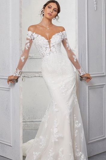 Off-the-Shoulder Lace Mermaid Gown with Long Sleeves and Train for Formal Events