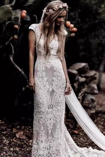 Bohemian Lace Sheath Gown with Long Train for Wedding Events"