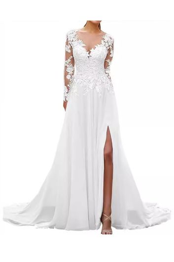 Lace Appliqué V-Neck Long Sleeve Gown with High Slit and Long Train for Formal Events