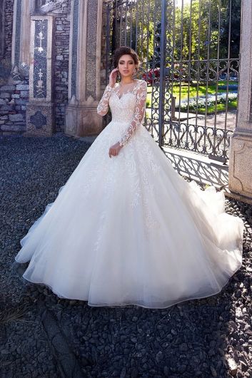 Sleeve Lace Ball Gown with Illusion Neckline and Long Train for Formal Events