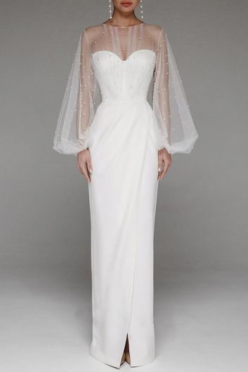 Sheer Bishop Sleeve Sweetheart White Evening Gown