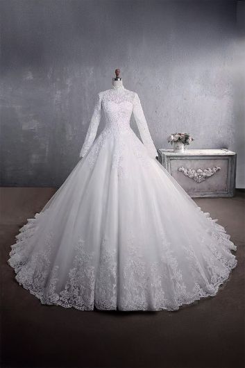 Neck Long Sleeve Lace Ball Gown with Long Train for Formal Events