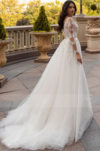 Lace Long-Sleeve  Ball Gown with  Train for Formal Events