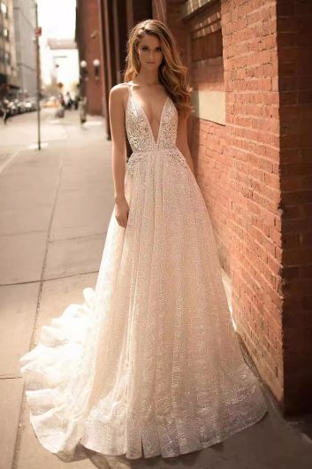 Lace Deep V-Neck Ball Gown with Long Train for Formal Events