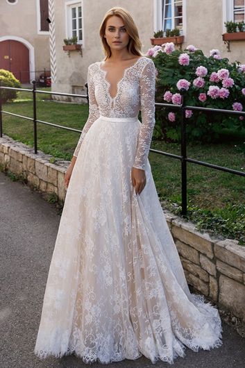 Lace Long-Sleeve V-Neck Ball Gown with  Train for Formal Events