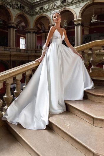 Deep V-Neck Satin Ball Gown with Long Train for Formal Events