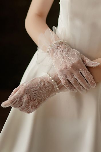 Lace and Pearl-Trimmed Gloves for Bridal Gowns