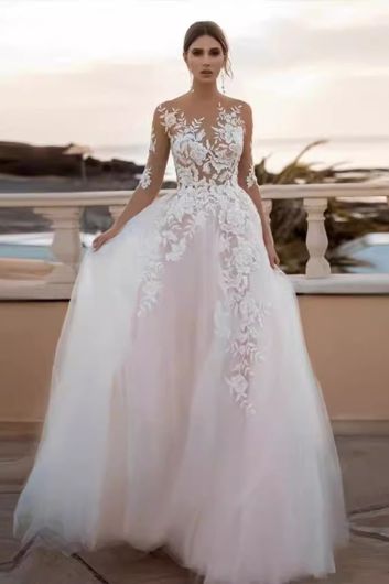 Lace Illusion Neckline Ball Gown with Long Train  Formal Events