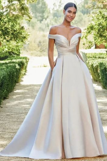 Off-the-Shoulder Satin Ball Gown with Long Train for Formal Events