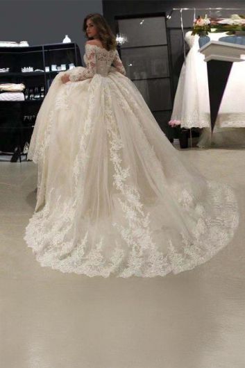 Lace Sleeve Ball Gown with Illusion Neckline and Long Train for Formal Events