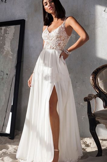 Lace Illusion Back A-Line Gown with Long Train for Formal Events