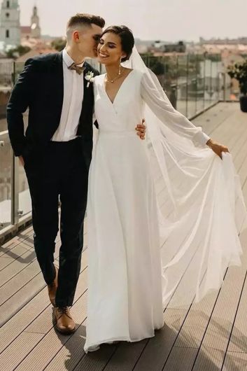 Long-Sleeve V-Neck Flowy Gown with Long Train for Formal Events