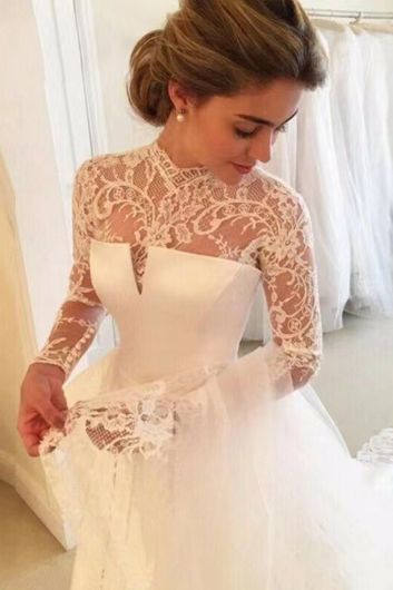 High-Neck Lace Long-Sleeve Ball Gown with Long Train for Formal Events