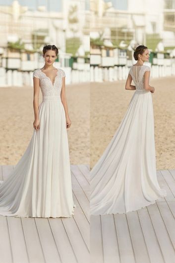 Lace Illusion Neckline Flowy Maxi Dress with Long Train for Beach Weddings