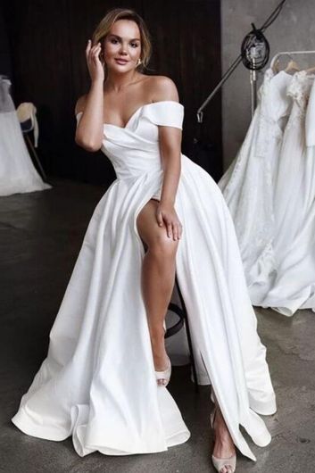 Off-the-Shoulder High-Slit Satin Gown for Formal Events