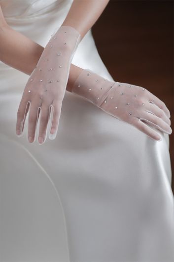 Sheer Crystal-Embellished Gloves for Bridal Gowns