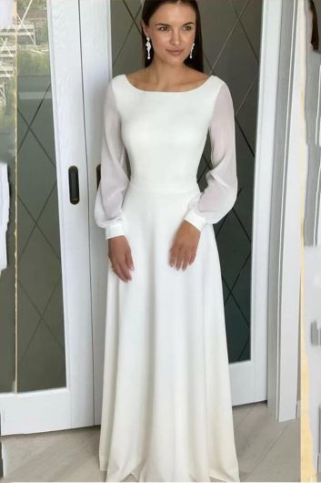 Boat Neck Long Sleeve A-Line Gown with Long Train for Formal Events