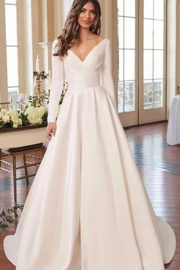 V-Neck Long Sleeve A-Line Gown with Long Train for Evening Events