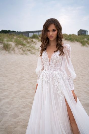 Lace V-Neck Long  Gown with High Slit and Long Train for Beach Weddings