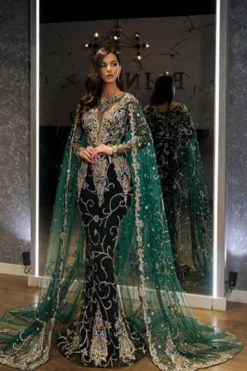 Emerald Green Embroidered Cape Evening Gown