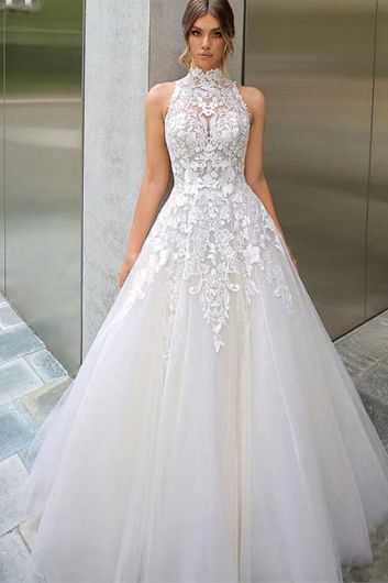 High-Neck Lace Appliqué Ball Gown with Long Train for Formal Events