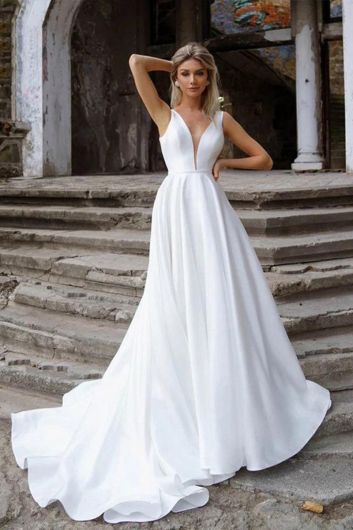 Deep V-Neck A-Line Gown with Long Train for Evening Events