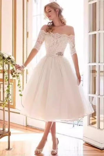 Off-the-Shoulder Lace Bodice Tulle Tea-Length Dress for Formal Events