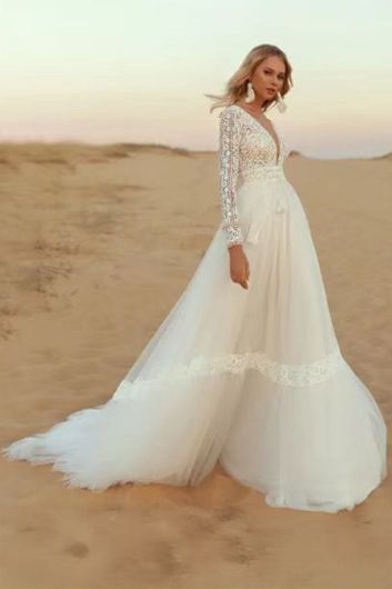 Lace Long-Sleeve V-Neck Tulle Gown with Long Train for Formal Events