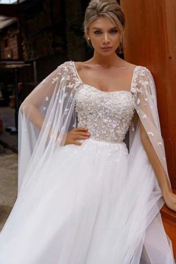 Square Neckline Beaded Bodice Ball Gown with Long Train for Formal Events