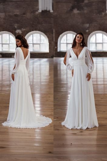 Deep V-Neck Long-Sleeve Flowy Maxi Dress with Cut-Out Shoulders for Formal Events