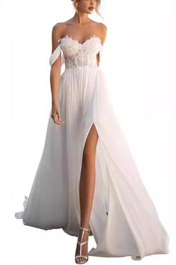 Off-the-Shoulder Lace Bodice Gown with High Slit and Long Train for Evening Events