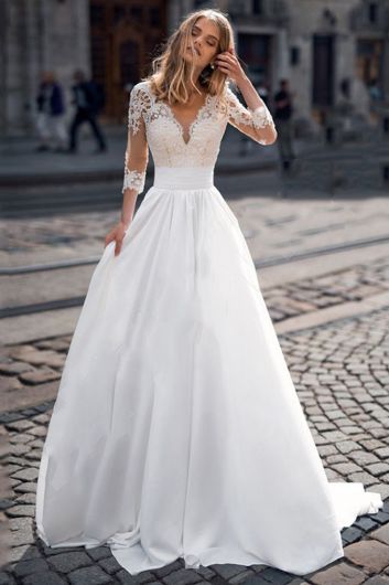 Lace V-Neck Ball Gown with Long Sleeves and Train for Formal Events