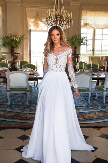 Illusion Neckline Lace Bodice Long-Sleeve Ball Gown for Formal Events