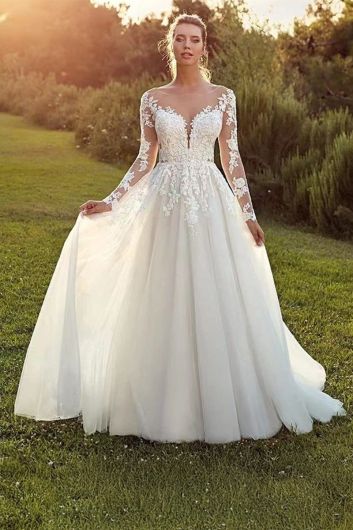 Lace Long-Sleeve Illusion Neckline Ball Gown with Long Train for Formal Events