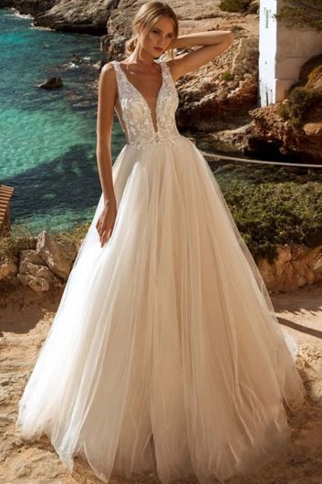 Deep V-Neck Lace Bodice Tulle Ball Gown with Long Train for Beach Weddings