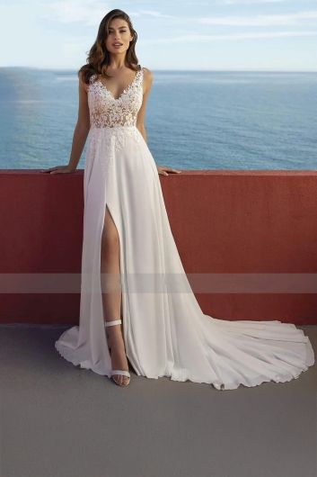 Lace V-Neck Gown with High Slit and Long Train for Formal Events