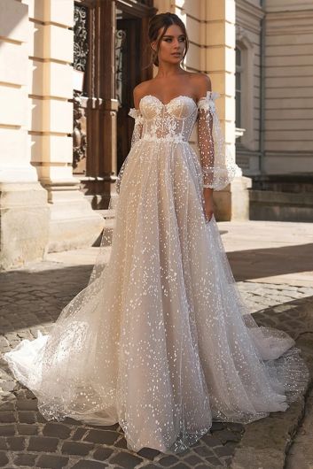 Off-the-Shoulder Long-Sleeve Sparkling Ball Gown with Long Train for Formal Events