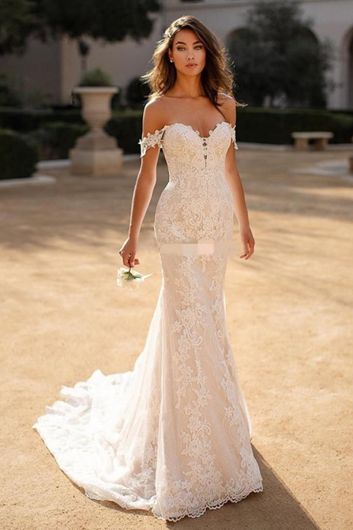 Lace Off-the-Shoulder Mermaid Gown with Long Train for Wedding Receptions