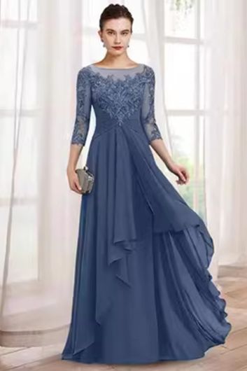 Illusion Neckline Lace Bodice Chiffon Gown with Layered Skirt for Evening Events