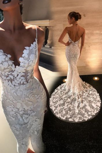 Lace Appliqué Mermaid Gown with Deep V-Neck and Long Train for Formal Events